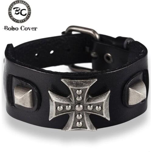 Bobo Cover Wholesale Cross Punk Style Vintage Bracelet For Men Genuine Leather Wrap Charm Bracelet Men Women Bangles Gifts