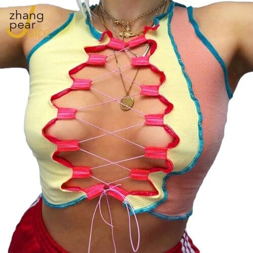 Women Sexy Hollow Out Lace Up Crop Top Female Sleeveless Clubwear Tank Tops Camisole Patchwork Party Crop Top
