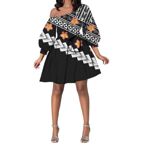 Hycool Polynesian Stripe Floral Print Oblique Shoulder Black Dress Summer Casual Long Sleeve Lady Dating Flared Bow Short Dress