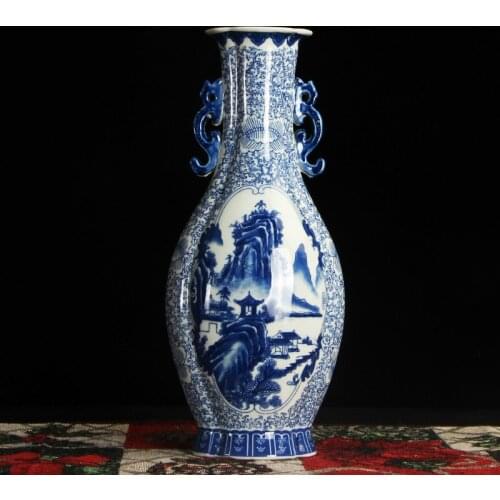 Jingdezhen Classic New Chinese Style Ming And Qing Classic Double Ear Blue And White Landscape porcelain Ceramic Vase