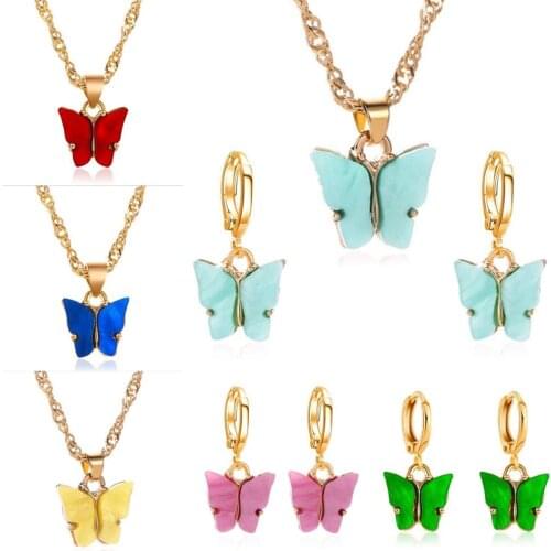 Korean Cute Acrylic Butterfly Pendant Drop Earring Necklace Jewelry Sets for Women Girls Gold Color Engagement Wedding Jewelry