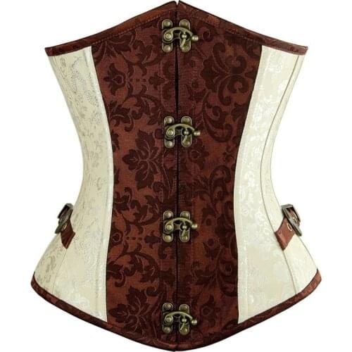 Brown and Lvory Underbust Corset Goth Buckle Highest Quality Flowers Pattern Steampunk Corset