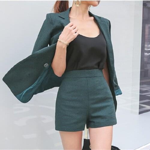 Autumn Slim Tracksuit Short Suits Double Breasted Plaid Blazer & Hot Shorts Women Pant Suits Female 2 Pieces Set 2018