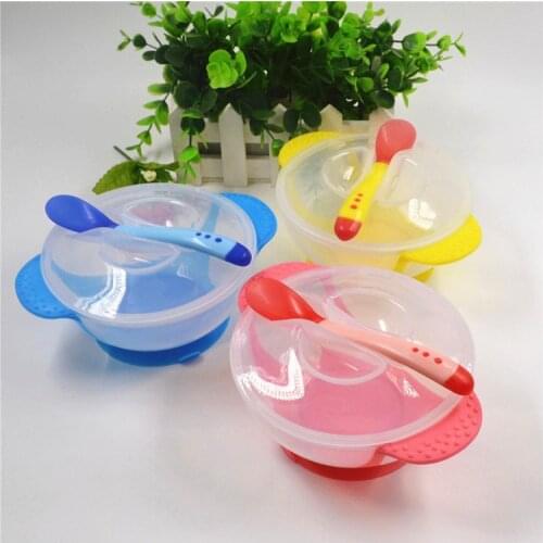 1Set Baby Suction Cup Bowl Temperature Sensing Spoon and Cover Slip-resistant High-quality training materials Dishes for babies