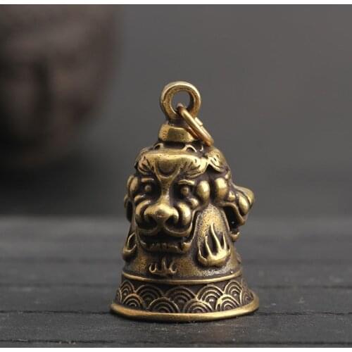 Copper Three Lions Head Bell Small Ornaments Desk Feng Shui Decorations Retro Brass Keychain Pendants Home Decor for Living Room