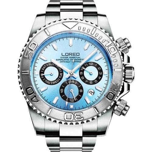 LOREO Mens Sport Multifunction Dial Steel Band Luminous 200M Waterproof Automatic Mechanical Wrist Watches with Month,Week,Date