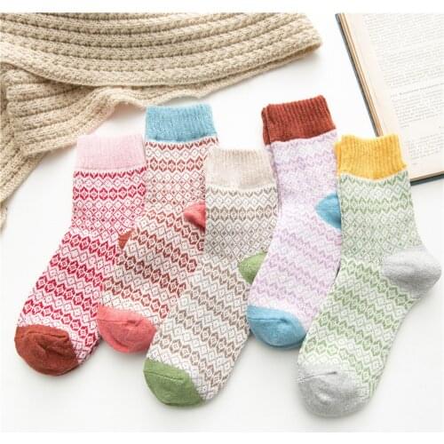 5 pairs of Women Men Fashion Various styles thickened octagonal flower knitted rabbit wool socks warm socks chaussette c50
