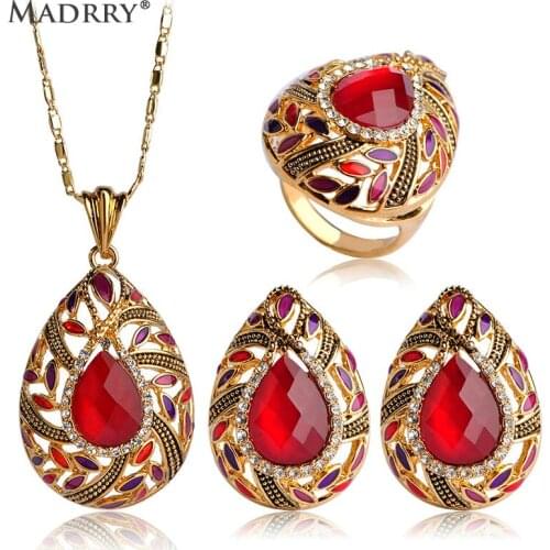 Newest Red Rhinestone Necklaces&Earrings&Rings Water Drop Heart Pendants Ouro Aretes Big Anel Aros Wedding Ensemble de Bijoux
