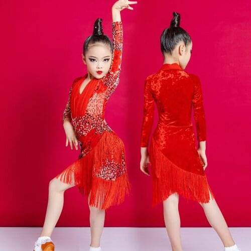 New 2021 Kids Child Girls Latin Dance Dress Fringe Latin Dance Clothes Salsa Costume Black Red Ballroom Tango Dresses For Sale