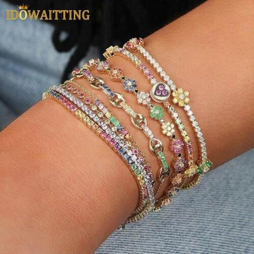2021 New Arrived Fashion Rainbow Jewelry 3mm Prong Set CZ Tennis Chain Rainbow Daisy Flower Charm Colorful Women Bracelet