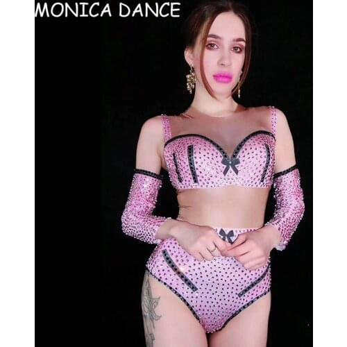 Nightclub Pink Rhinestone Bikini Pattern Bodysuit Gloves Birthday Festival Prom Party Outfit Bar Women Dancer Team Dance Wear