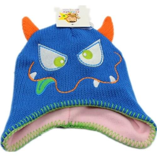 One Eye monster Devil dinosaur Knitting Cotton Beanies Cap Plush Winter Warm Cute 3 eyes Toothy with Horn Kid Fleece Lining Hats