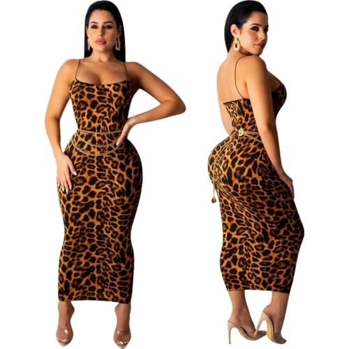 TNNAOFF Sexy Leopard Print Midi Dress for Women Clothes Plus Size Fashion Elegant Spaghetti Strap Bodycon Night Club Dresses
