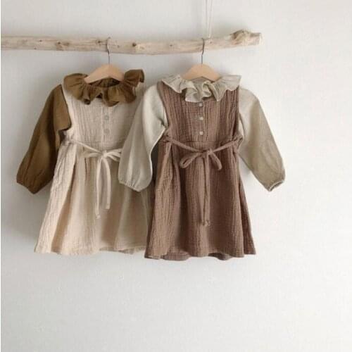 Korean Style Simple Spring and Autumn New Linen Girls' Sleeveless Cotton and Linen Dress Lace-up Baby Girl Princess Dress
