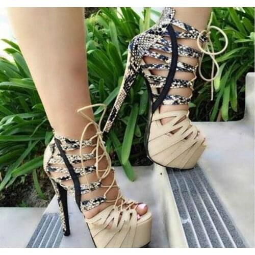 Sexy High Platform Snakeskin Straps Sandals Ladies Front Lace up Patchwork Sandals Super Heels Gladiator High Heels Shoes