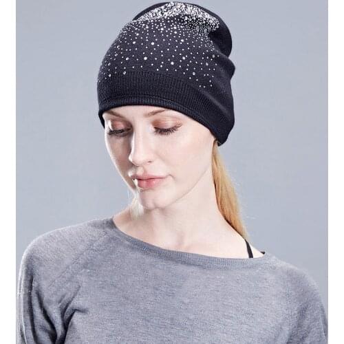 Knitted Woolen Beanie With Diamond Soft Warm Hedging Cap Adjustable Head Circumference Hats For Women Cool Multi-color Headdress