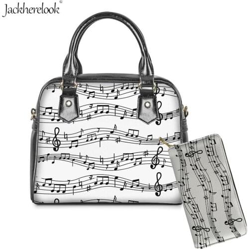 Jackherelook 2Pcs Musical Notes Printing Luxury Handbag and Sheet Music Leather Wallet set Top-Handle Bag Large Messenger Bag