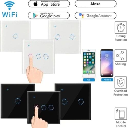 WiFi Smart Light Switch Glass Panel Touch Switch Compatible with Alexa Google Home Smart Wall Switch 10A 90-250V Timer Function