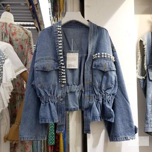 Autumn Korean Fashion Beading Diamonds Denim Jacket Women Loose Casual Short Outerwear V-Neck Elastic Waist Jeans Jacket Female