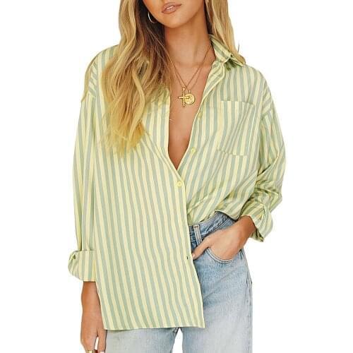 2021 Women\s Oversized Boyfriend Shirts Long Sleeve Striped Print Loose Button Down Tops