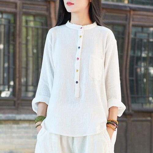 Johnature Vintage Full Sleeve Cotton Linen Solid Color Tops New 2021 Autumn Stand Collar Button Irregular 3 Colors Women Shirts