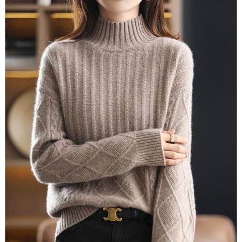 2021 new autumn and winter cashmere sweater womens half high neck solid color loose and versatile Pullover 100% wool knitted