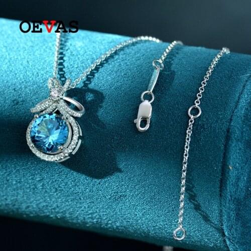 OEVAS 100% 925 Sterling Silver 10mm Emerald Aquamarine High Carbon Diamond 43cm Pendant Neckalce For Women Wedding Fine Jewelry