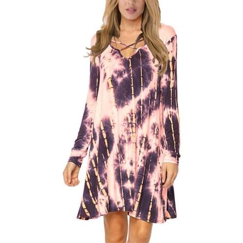 Dress Summer Women Fashion Autumn Streetwear Casual V Neck Sexy Long Sleeve Criss-Cross Tie-Dye Print Mini Dresses Vestidos