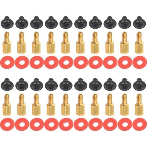 20x Screw+20x Motherboard Riser +20x Washer) 6.5mm 6-32-M3 Computer Golden Motherboard Riser+Screws + Red Washers