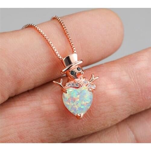 Boho Rose Gold Color Chain Necklace Trendy Female Heart Opal Pendant Necklace Cute Snowman Crystal Christmas Necklaces For Women