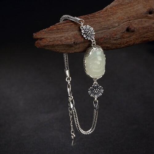 Restoring ancient ways is Thai silver inlaid hetian jade white jade bracelet wholesale flower lady high-grade joker