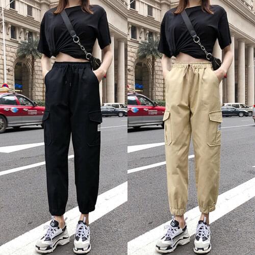 Womens Casual Cargo Pants Solid Color High Elastic Waist Long Pants with Pockets Autumn Ladies Loose Pencil Trousers Streetwear