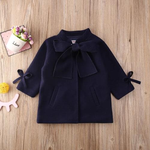 Children´s Navy Blue Long Sleeve Coat Autumn and Winter Warm Woolen Outwear Jackets with Pockets
