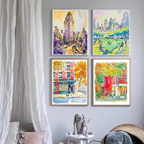 New York Travel Posters Bryant Park Bleecker Street Empire State Building Landscape Canvas Painting Cartoon Pictures Home Decor