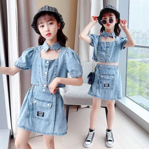 Fashion Girls Denim Clothing Set Kids Jean Clothes Summer 2pcs Teenager Outfit Top+Skirts Kids Casual Clothes 8 10 12 13 14Years