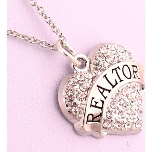 Hot Selling rhodium plated zinc studded with sparkling crystals REALTOR heart pendant wheat chain necklace