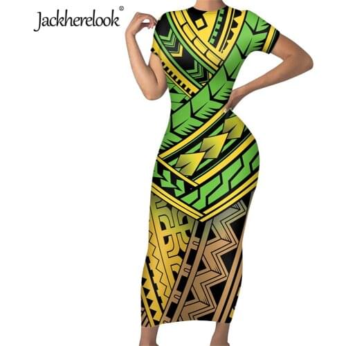Jackherelook Polynesian Tribal Printing Vintage Women Slim Party Pencil Dresses Short Sleeve Vestidos Sexy Midi Boducon Dress