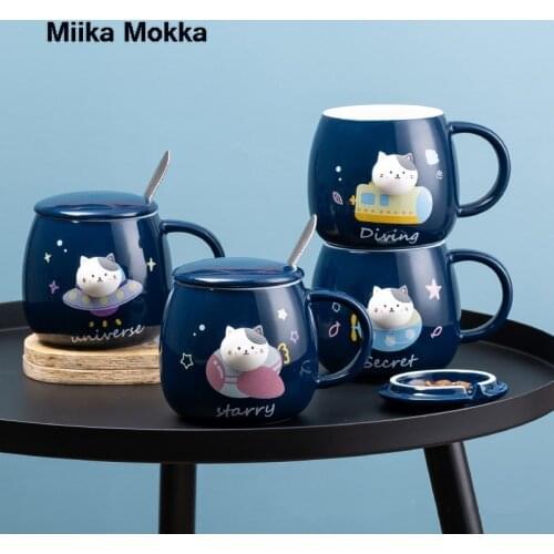 Cute Space Cat Ceramics Coffee Mug with Lid Animal Ceramic Mugs Creative Drinkware Coffee Tea Cups Novelty Gifts Milk Cup