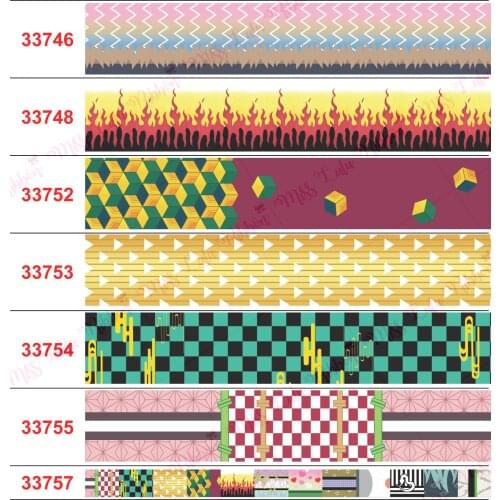 16mm-75mm Japanese Cartoon Series 14 Flame Corrugated Square Printing Grosgrain/Elastic Band Handmade Bow Material 50 Yards/Roll