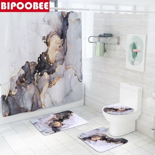 Marble Shower Curtains Stone Grain Bathroom Curtain Pedestal Anti-slip Carpet Toilet Lid Cover Bath Mats Rugs Home Decoration