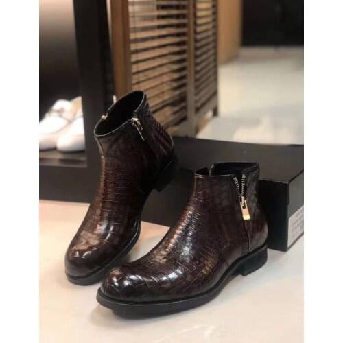 Top Quality Genuine real crocodile belly skin shinny leather zipper men shoe durable solid crocodile skin men winter boots shoes