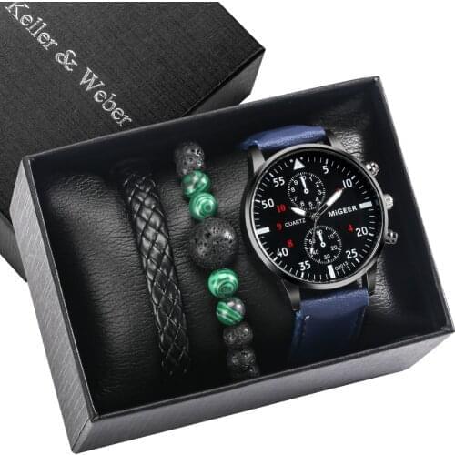 Men Blue Watch Set With Box Black Quartz Numerals Clocks Soft Leather Watchband 2 Bracelets Adjustable Mens Watches Present Set