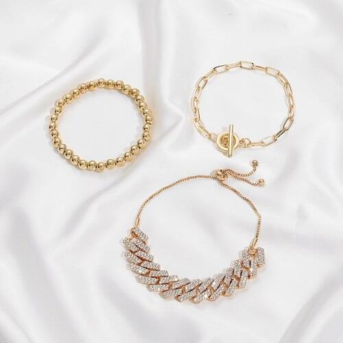 3Pcs Bling Rhinestone Bracelet Set Punk Hip Hop Iced Out Cuban Thick OT Beads Chain Bracelet for Women Jewelry Accessories