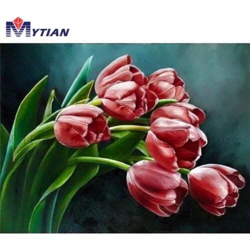 MYTIAN 5d DIY Diamond Painting,Lovely Pink Tuplips,Flowers,Florals,Diamond Embroidery Art Kit,Mosaic Needlework Home Decoration