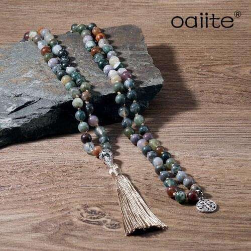 OAIITE 108 Mala Necklace with 8mm Beads Yoga Natural Stone Necklace Japa Mala Prayer Meditation Beaded Tassel Necklace