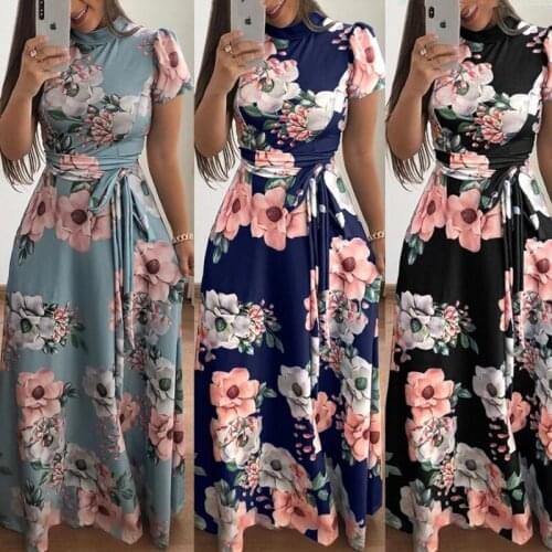 Floral Print Belt Casual Fashion Womens Dress Short Sleeve Round Neck Large Size A-line Long Dress