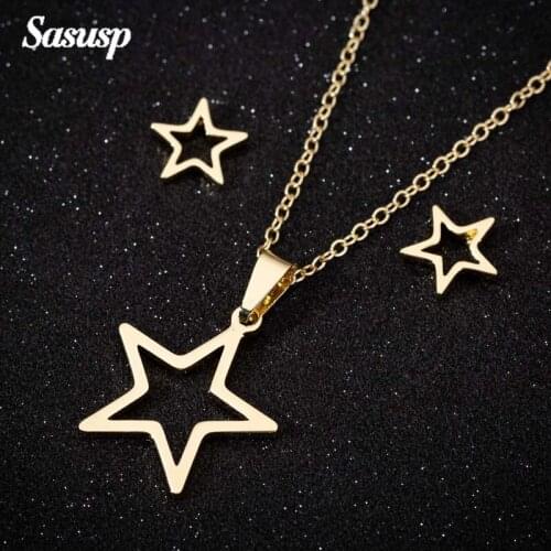 Sasusp Minimalism Stainless Steel Pentagram Necklace Women Men Geometric Mysterious Unisex Necklaces Chain Jewelry Sets
