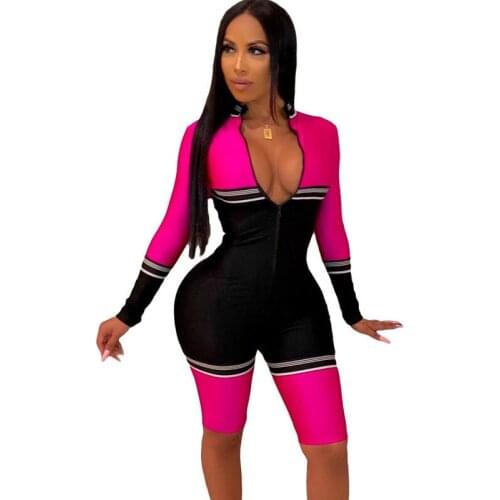 Sexy Bodycon Jumpsuit Shorts for Women Playsuit Long Sleeve Fitness Rompers Zipper Skinny Female Streetwear One Piece Overalls