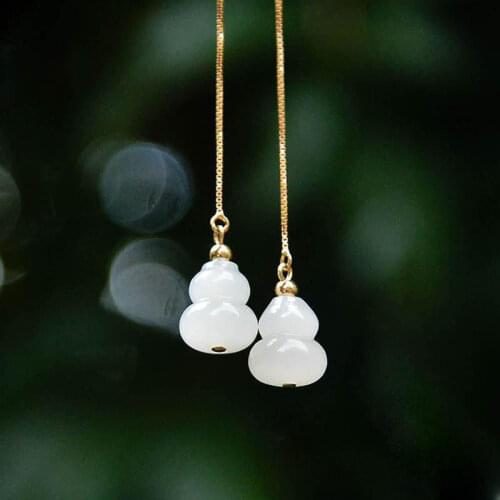 Natural Hetian Jade White Jade White Jade Gourd Hanging Earrings S925 Sterling Silver Gold-Plated Earrings Exorcising and