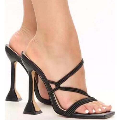 Vintage Square Toe Womens Slippers Shoes Summer Mules Sandals Fashion Narrow Band Sexy High Heels Slides Ladies Shoes 41